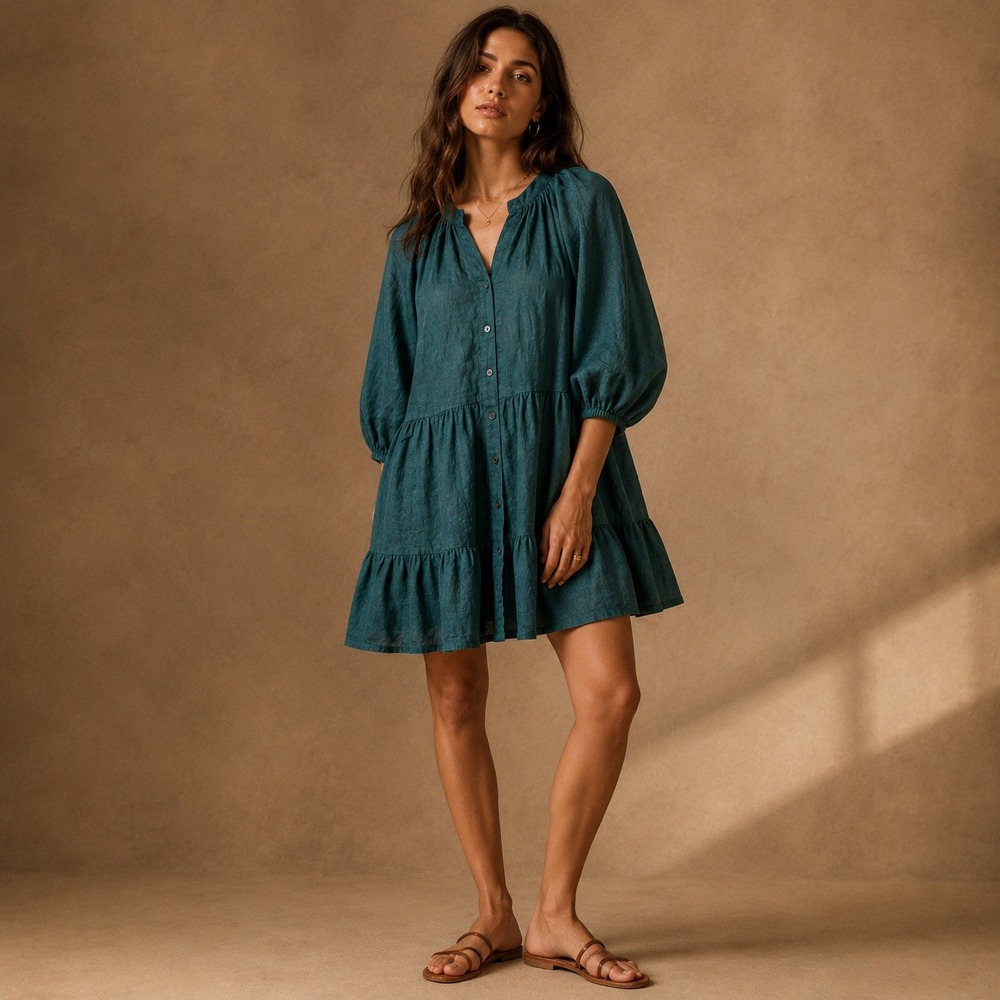 Apiece Apart Linen Button Front Dress Teal Green Sz S